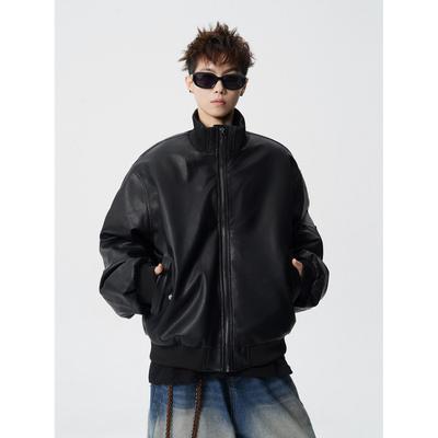 Men's American Retro PU Leather Cotton Jacket - Hong Kong Style, Autumn/Winter, High-End Trend, Loose Fit, Short Stand-Up Collar