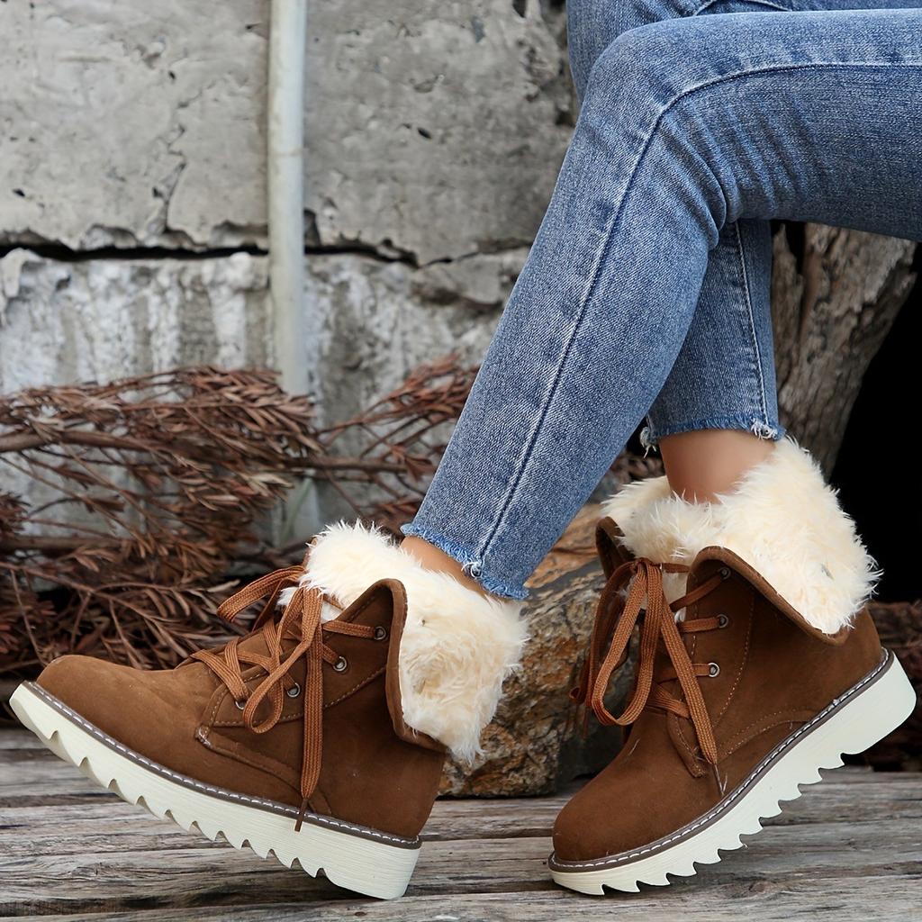 Women's Velvet Short Boots - Lace Up Round Head Flat Bottom Ankle Boots, Non Slip Outsole and Soft Inner Lining, Mid Barrel Style, Durable Grip Floor