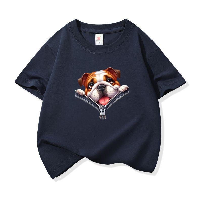 Kids Cotton T Shirt Charming Bulldog Puppy Dog Zipper Print Crew Neck Short Sleeve Tee Casual Breathable Boys Girls Summer Tops