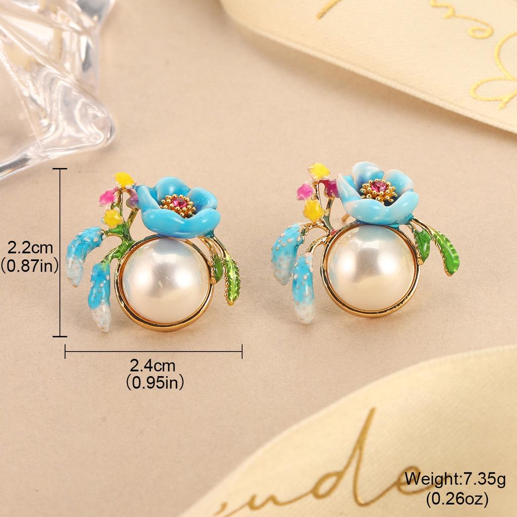 Flower Pearl Stud Earrings Enamel Oil Dripping Flower Mini Love Mori Design Sense Light Luxury Earrings Women