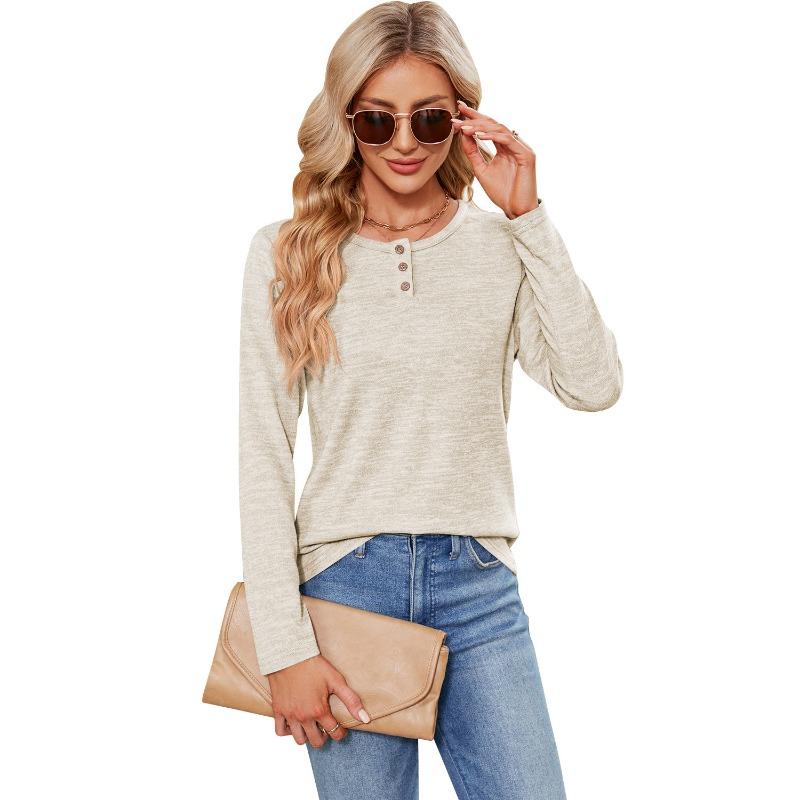 Women's Autumn/Winter Pullover Top Solid Color Button O Neck Comfortable Long Sleeve Buckle T-Shirts