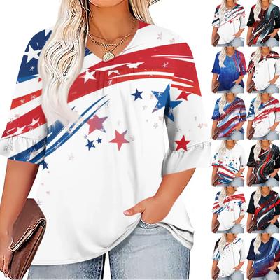 Damska Moda Codzienna V-Dekolt Siedmiorękaw Rękawy Falbankowe Druk z Motywem Dnia Niepodległości Koszulka Top Plus Size Damska