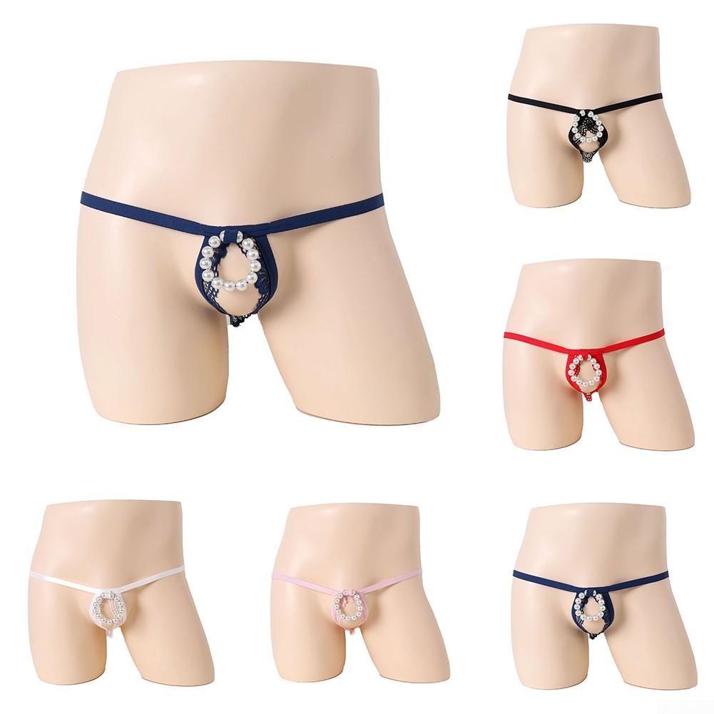 Męskie seksowne przezroczyste koronkowe stringi z odkrytymi plecami i bez krocza