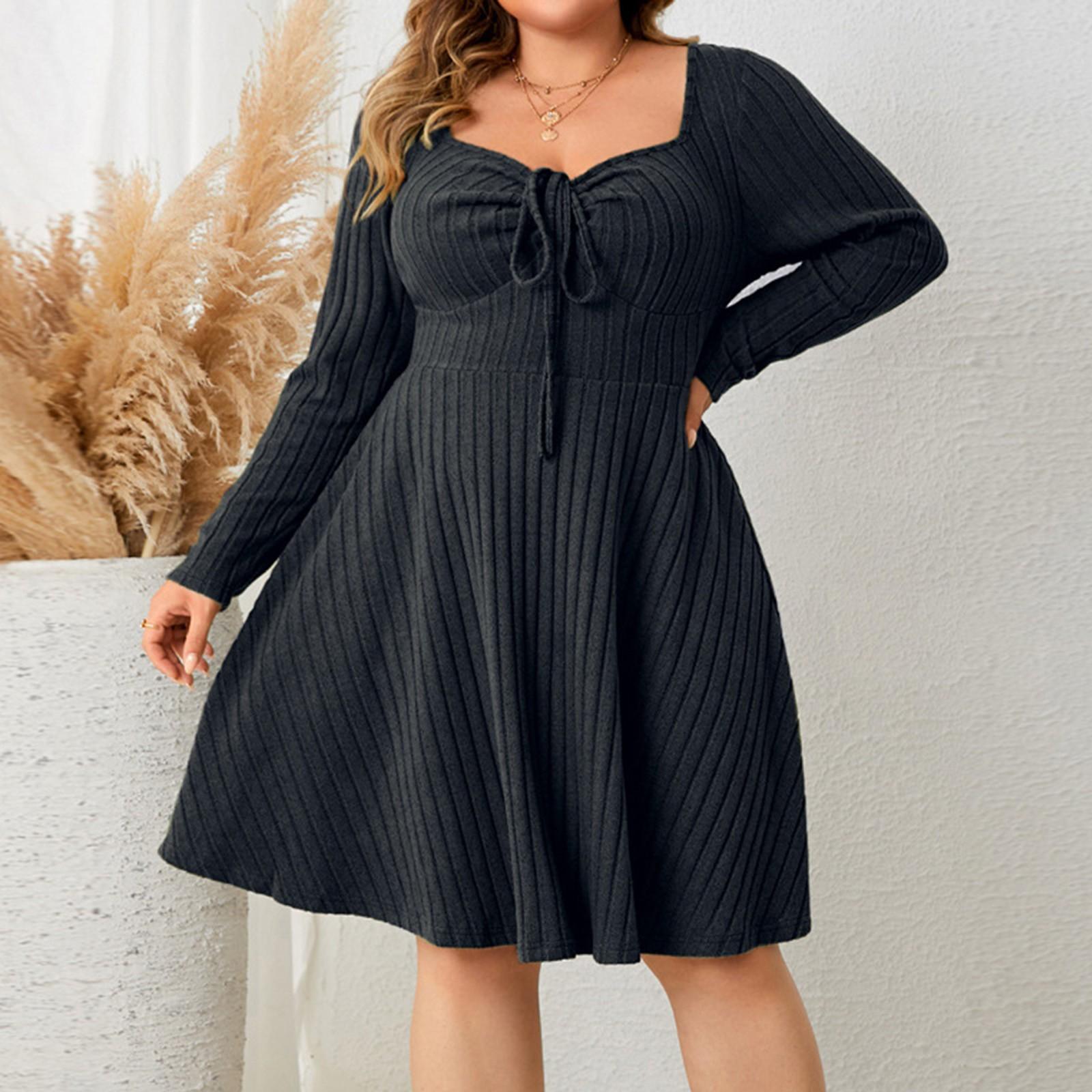 

Женское модное однотонное платье с большим V-образным вырезом и длинными рукавами XXL чёрный