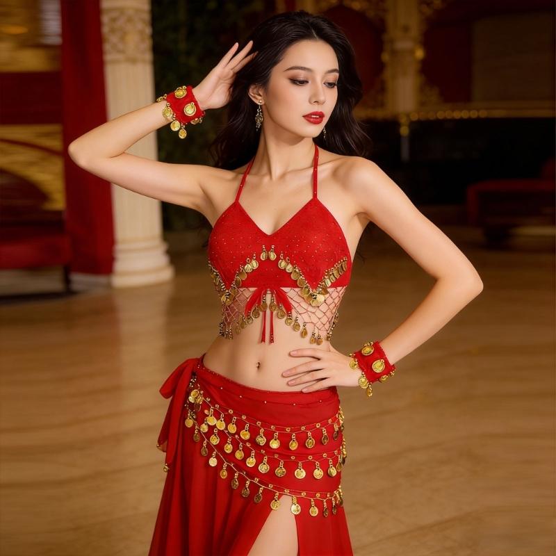 Indian Dance Costume Set With Swinging Fringe And Shimmering Waist Chain For Belly Dance Shows
