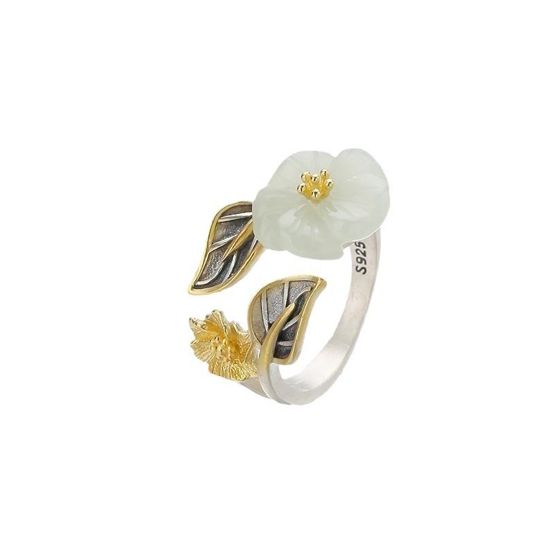 925 Sterling Silver Jewelry White Jade Plum Blossom Flower Finger Rings for Women Wedding Party Jewelry For Girls Friend Gift