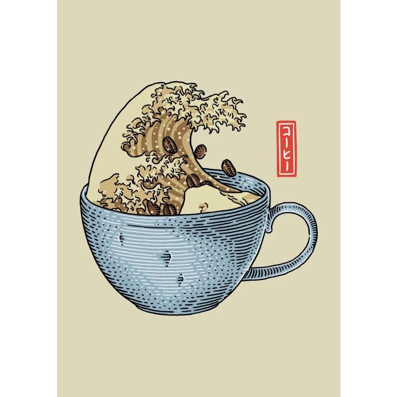 Die große Welle von Kaffee Leinwandmalerei Druck Kaffeeliebhaber Poster Japanische Kunst Kanagawa Wand für Wohnzimmer Heimdekor Geschenk