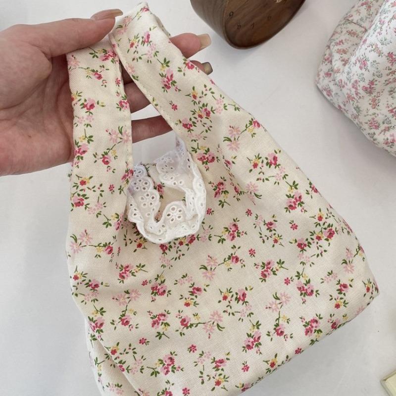 Cute floral handheld canvas bag, office miscellaneous items, small handbag, summer handbag, women's wrist bag