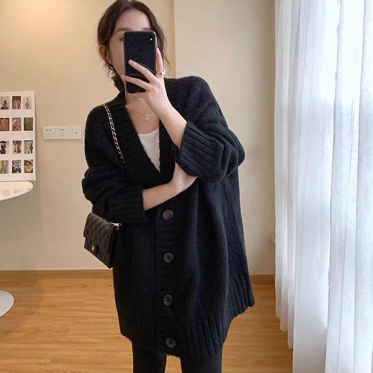 Hong Kong Flavor Lazy Wind Knitted Cardigan Autumn and Winter New Medium and Long Loose Soft Waxy Women's Sweater Jacket Women