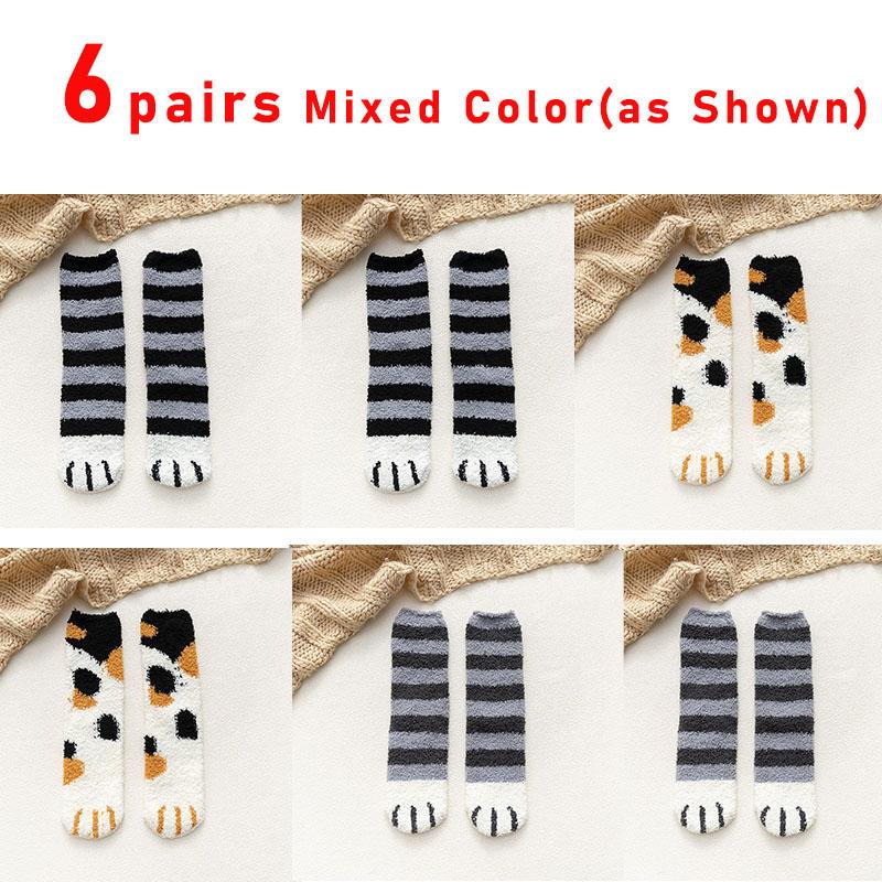 6 Pairs Woman Socks Set Cartoon Cute 3D Dog Cat Paw Pattern Winter Female Fleece Warm Home Floor Sleeping Thick Socks