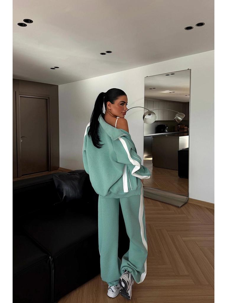 2026 Women's Spring/Autumn Striped Colorblock Zipper Cardigan & Long Pants Two-Piece Set
