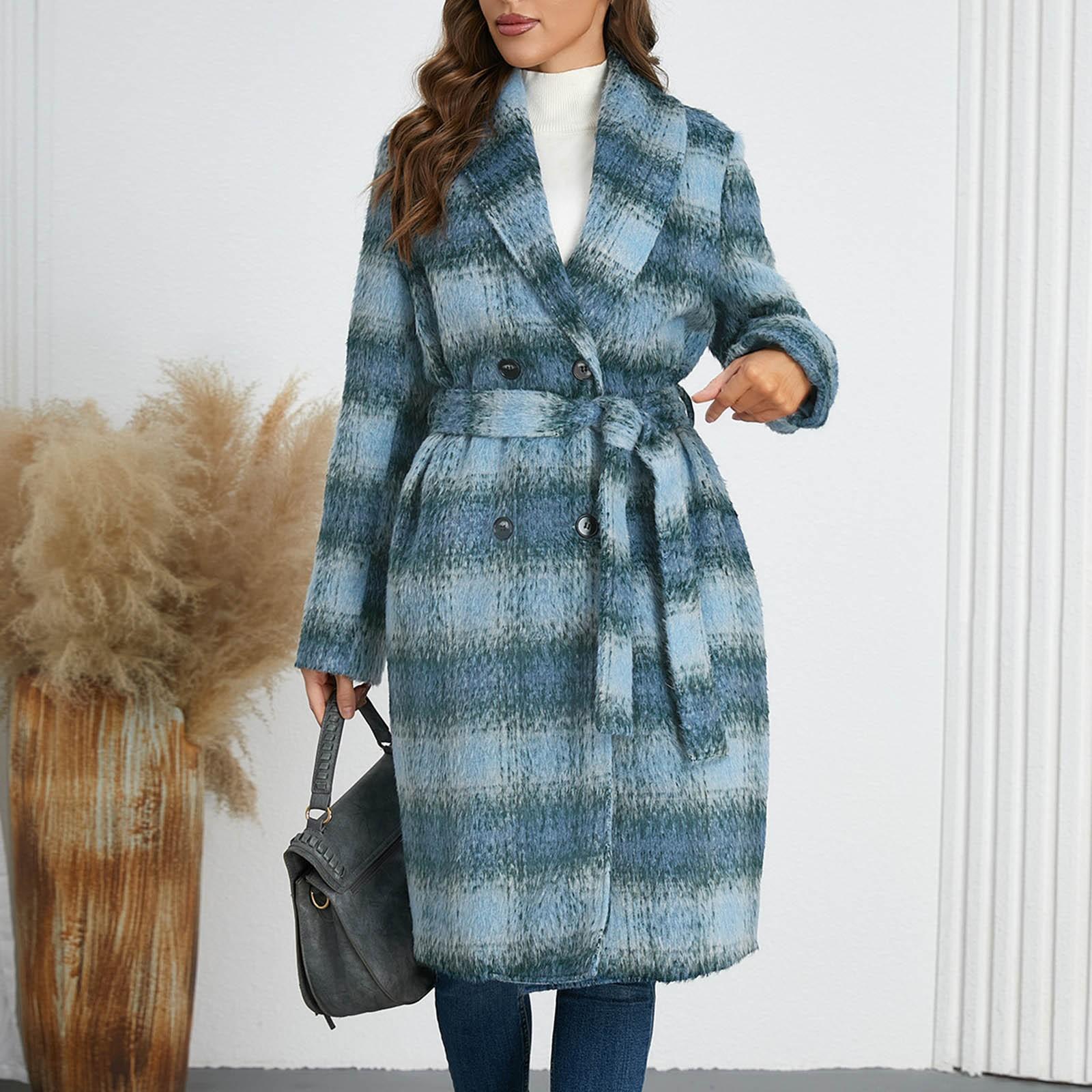 

Женский шерстяной двубортный пиджак средней длины в клетку с V-образным вырезом L синий