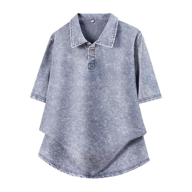 

Men Short Sleeve Polo Shirt Acid Wash Vintage Casual Loose Fit Top M синій