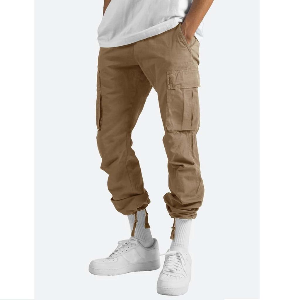 Calça cargo masculina com cordão, calça larga com muitos bolsos, calça casual, calça de moletom, microelástica, cintura média, algodão, linho