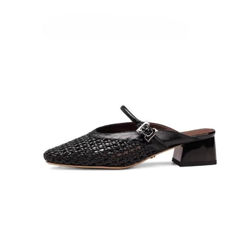 Fashion Women's Summer New Fashion Temperament Cutout Breathable Half Slippers Block Heel Soft Sole Muller Slippers