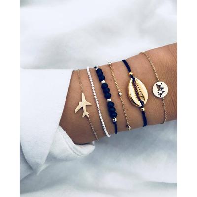 Fashion, Metal Shell Plane Map Black Bead Six-piece Bracelet Set