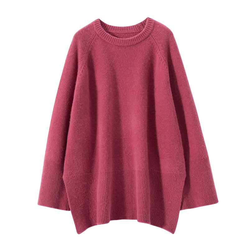 Women's Mid-Length 100% Pure Wool Sweater - Loose Fit, Slit Design, Lazy Style for Autumn and Winter.