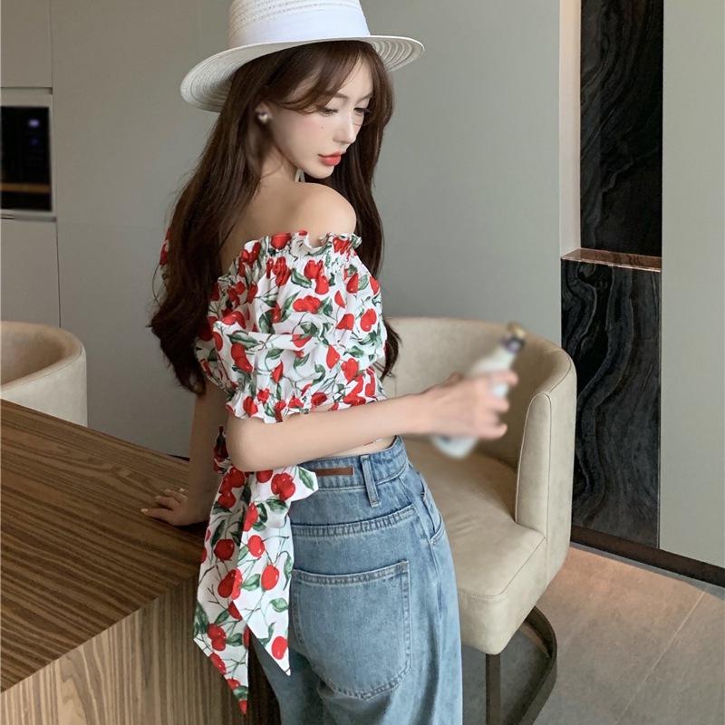 Top Corto a Vita Alta da Ragazza Senso del Design di Nicchia Estivo Manica a Sbuffo Scollo Quadrato Camicia Floreale