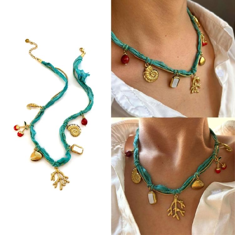 Adjustable Summer Beach Necklace Multilayer Fabric Design Shell Conch Fruit Pendant Neckchain For Casual Styling