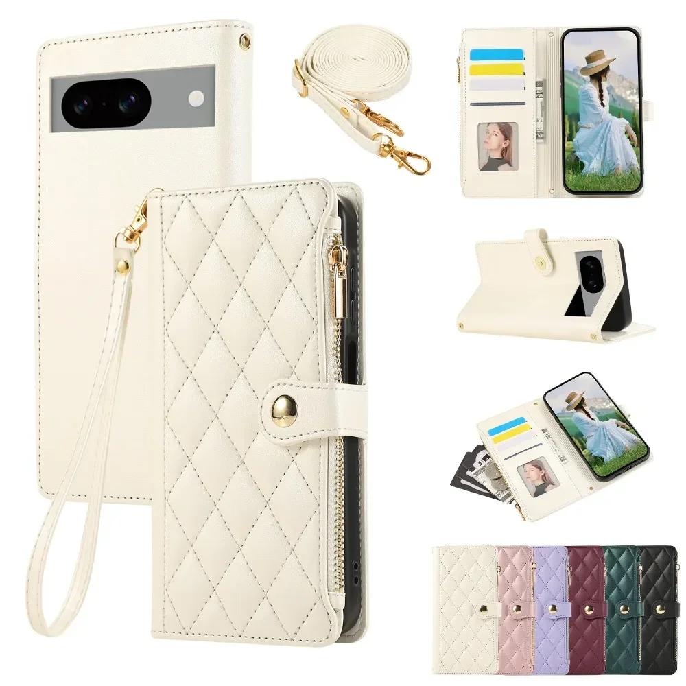 Crossbody Zipper Wallet with Card Holder Phone Case for Google Pixel 6 7 8 9 Pro 6A 7A 8A Wrist Strap Leather Preserve Cover
