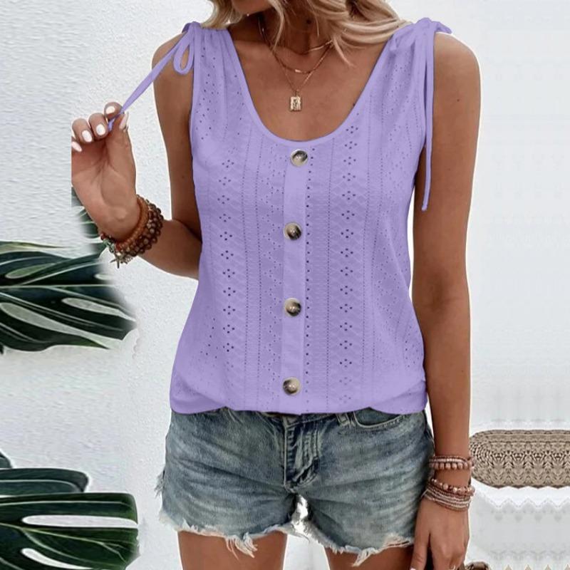 U Neck Summer Women Hollow Out Tank Tops Sweet Solid Color Sleeveless Blouse Fashion Elegant Buttons Shirts Large Size Office Simple Casual Clothing