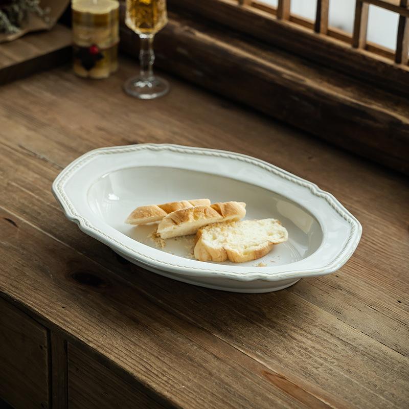 French Retro Relief Ceramic High-End Western Food Plate Household Vegetable Plate Steamed Fish Plate Fruit Salad Plate