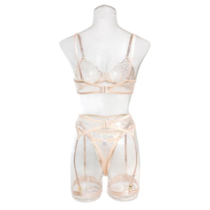 Fancy Irregular Embroidery Lingerie 4 Pcs Sets Sexy Mesh Patchwork See Through Bras And Panties Garter Suits Erotic Set