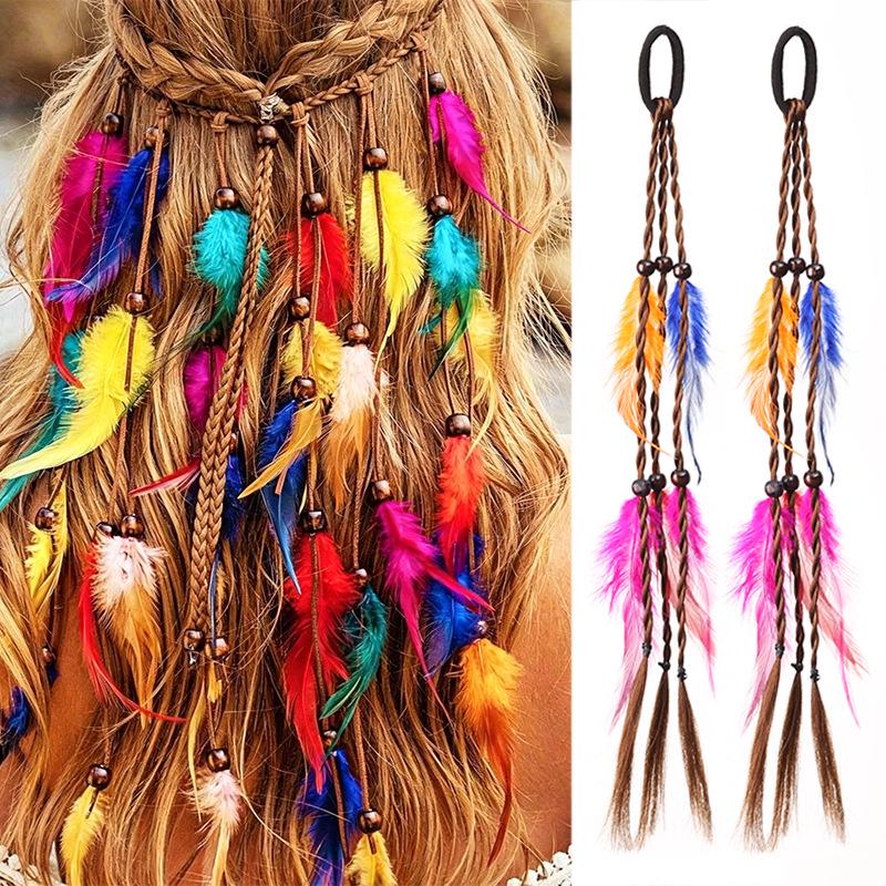 Boho buntes elastisches Feder-Stirnband - 16" geflochtenes Haaraccessoire