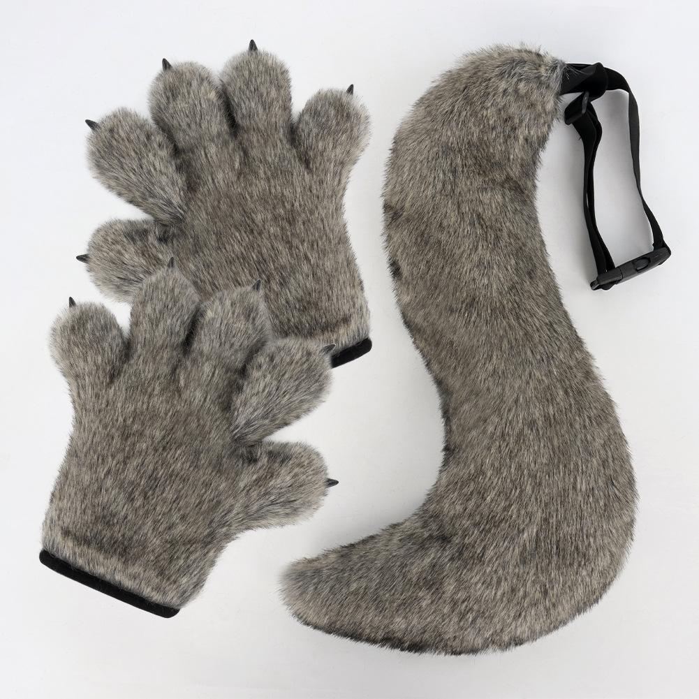 New Halloween gloves: wolf claw plush, realistic tail, warm gloves, animal tail cosplay Accessories and props