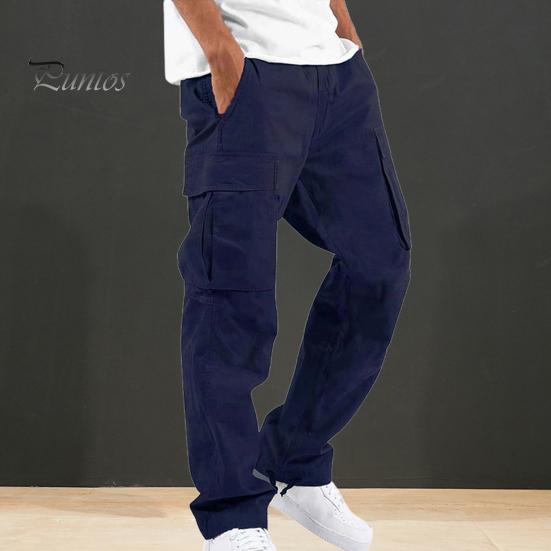 Erkek Kargo Pantolon Çok Cepli Bağcıklı Elastik Bel Ayarlanabilir Bacak Büyük Beden Bol Düz Renk Spor Salonu Açık Hava Uzun Harem Pantolon
