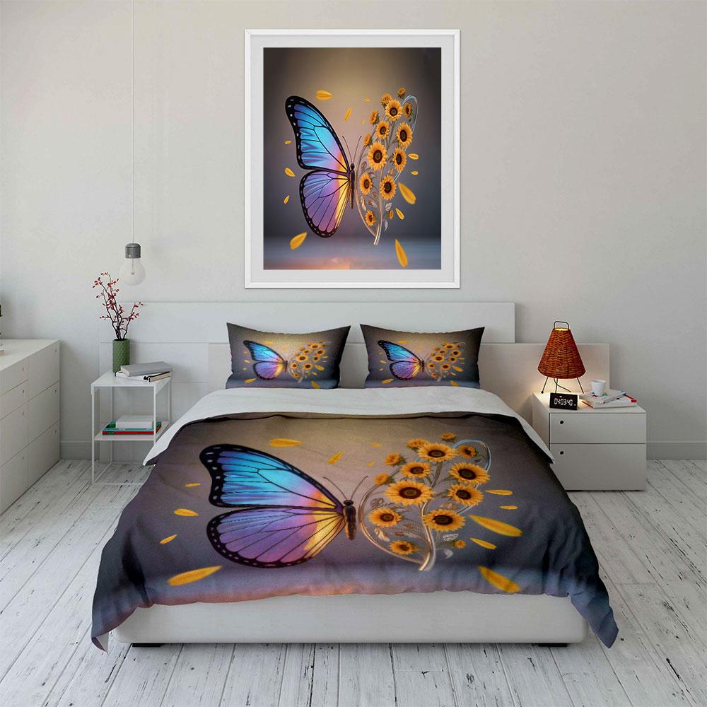Butterfly Sunflower Art Decor Set Bedding Set with 1 Duvet Cover 2 Pillowcases Single Double King Queen, Gift