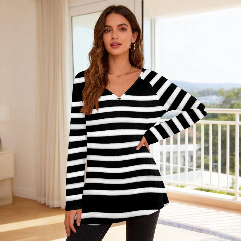 Women's Fashionable Casual Long-Sleeved Striped Print V-Neck Mid-Length Top