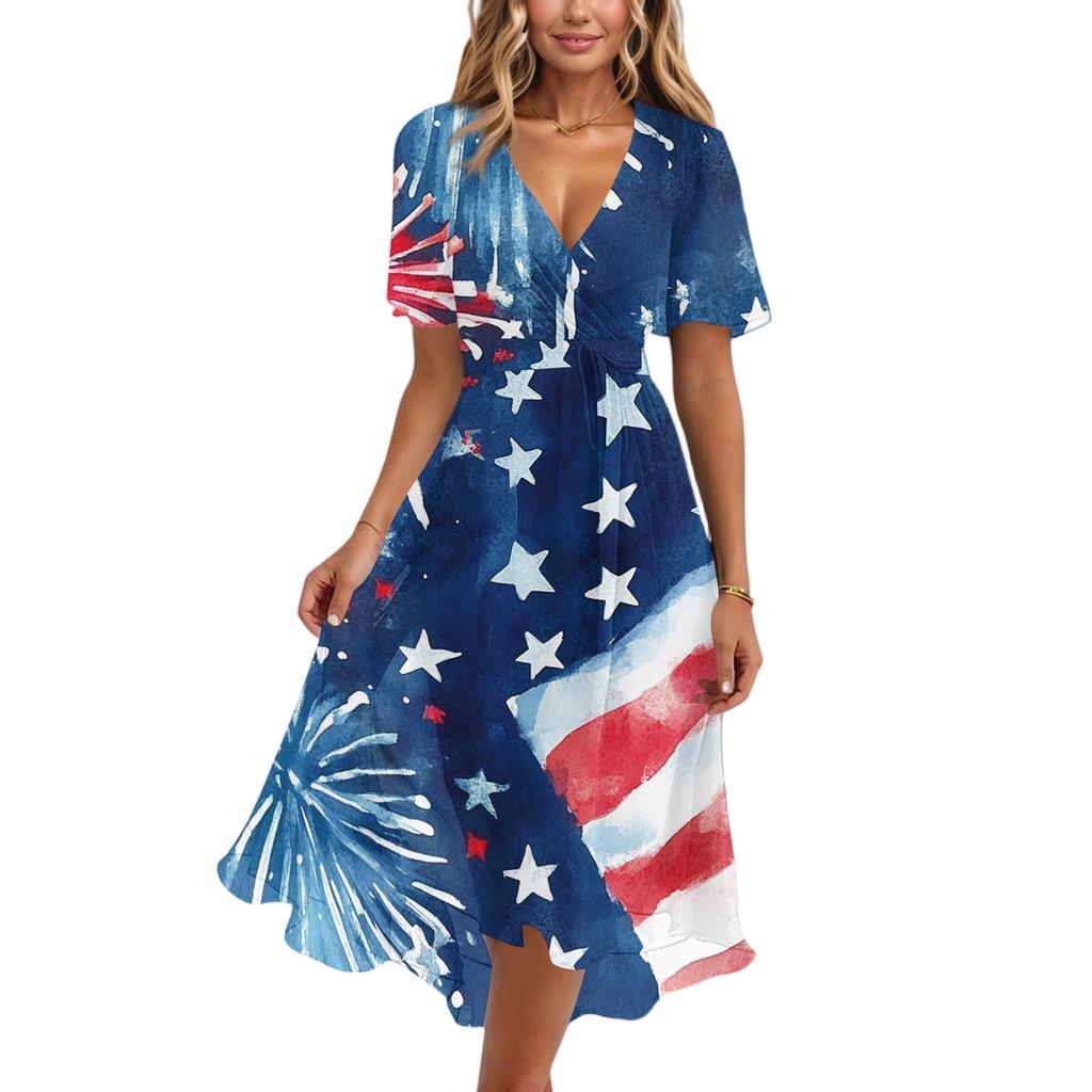 Women's Casual V-Neck Short-Sleeve Independence Day Print Dress