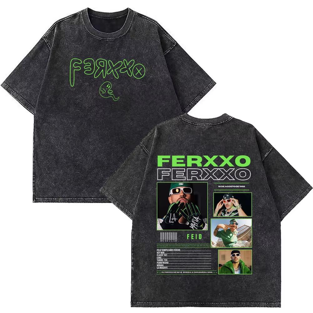Rapper Feid Ferxxo Tour Print Vintage Washed Tshirts Men Women Fashion Hiphop Casual Loose Oversized Tshirt Fan Gifts Top