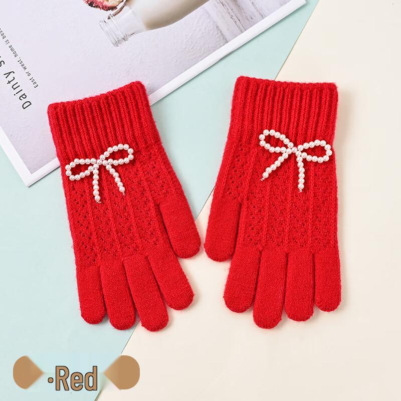 Women's Winter Knit Bow Pearl Gloves