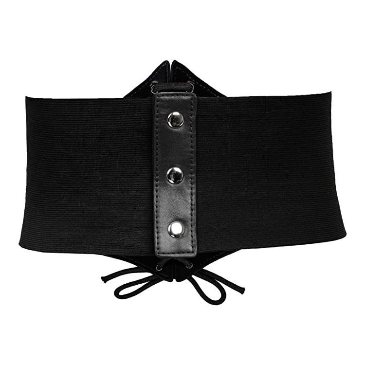 Women's Elastic Waistband Wide Leather Belt, Black, Versatile Fashion Lace-up Dress Accessory