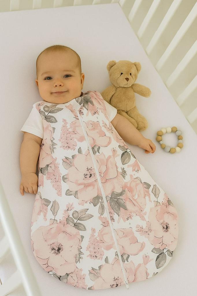 Abgerundeter Baumwoll-Schlafsack für Kinder S 0-6 Monate Sommer TOG 1.0 - Sepia-Rosen