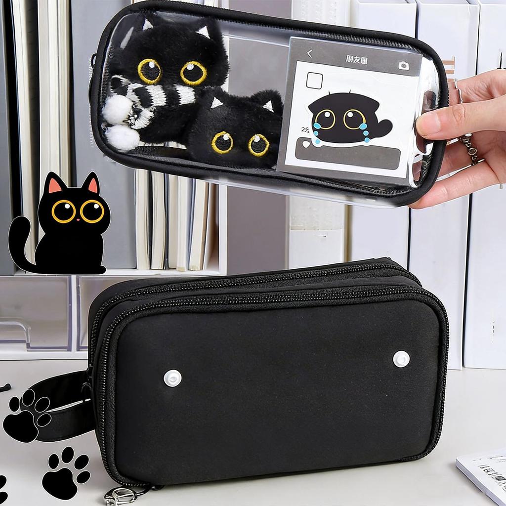 Set Astuccio Gatto Nero Carino Cancelleria Per Studenti E Bambini, Astuccio 2-in-1 Perfetto Regalo Rientro a Scuola