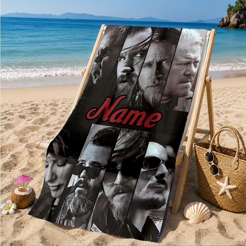 Custom Name Group Portrait Sons Heart In Space Adventure Microfiber Beach Towel, Lightweight for Summer Travel, Swimming Pool Fan Gift