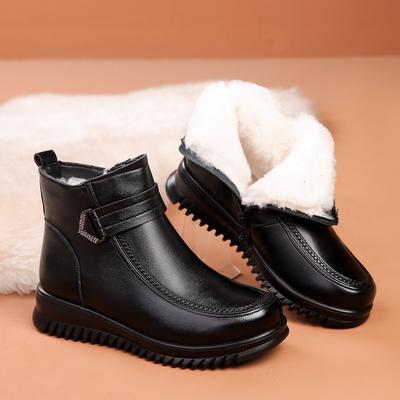 Middle-aged and Elderly Women's Winter Warm Cotton Shoes Fleece Lined Short Boots Non-slip Leather Ankle Boots