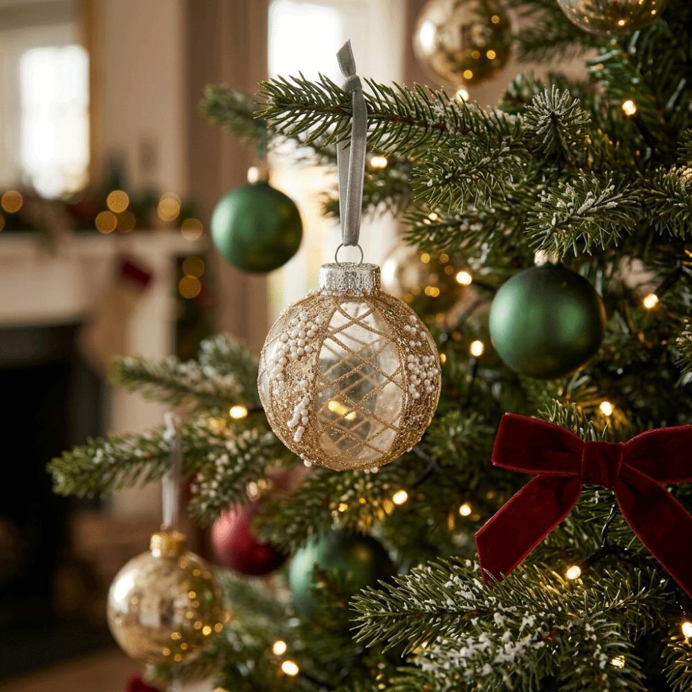 8CM Clear Bauble Christmas Tree Ball Gold Glitter Painted Christmas Hanging Ball  Festive
