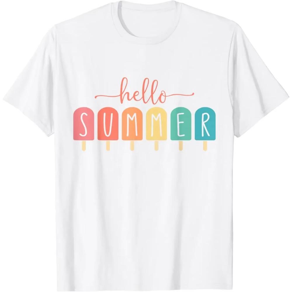 Hello Summer Vacation Ice Cream Popsicle Ice Lolly Gift T-Shirt Unisex Summer Soft Tops Kawaii Clothes Shirts for Women