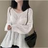 Fashion Thin Long Sleeved Knitted V-neck Women Shirt Loose Solid Color Hollow Out Blouse Casual Simple Covers Up Office Top Women Clothing