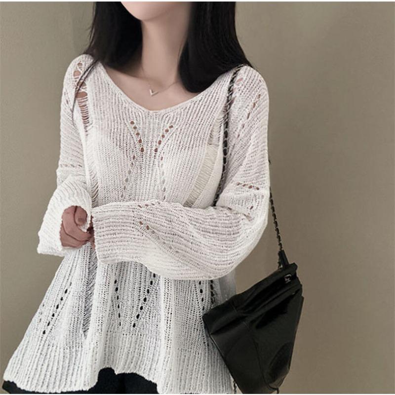 Fashion Thin Long Sleeved Knitted V-neck Women Shirt Loose Solid Color Hollow Out Blouse Casual Simple Covers Up Office Top Women Clothing