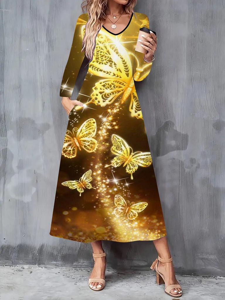 2025 Autumn and Winter New Women Casual Fashion Dress 3D Butterfly Print  Long Sleeve V-Neck A-Line Dresses