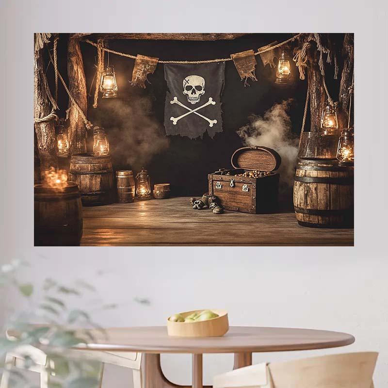 1 Pirate-themed Background Cloth - Skull and Bones, Treasure Chest, Bucket Lantern - Durable Polyester Material, Birthday Party