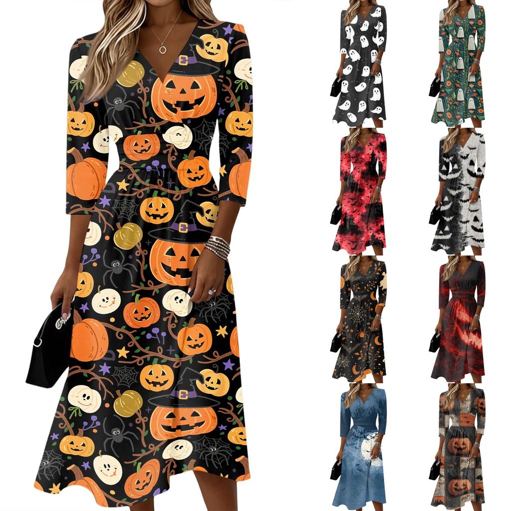 Womens Casual V Neck Midi Dress 3/4 Sleeve Back Zipper Wrap Style Fit and Flare Dress with Ghost Print
