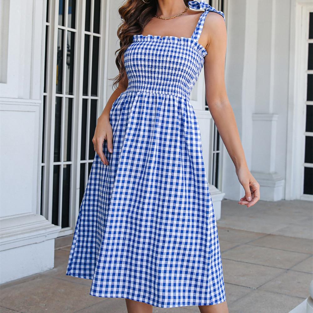 

QICED женская мода лето весна клетчатый принт без рукавов с квадратным воротником и высокой талией повседневные платья XL небесно-голубой