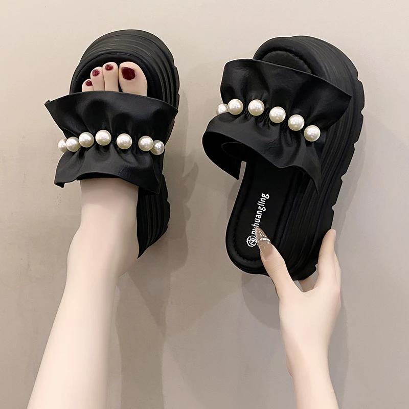 8CM Thick String Bead Slippers Women Summer New 2025 Chunky Platform Sandals Woman Flip Flops Wedges High Heels Sandalias Mujer