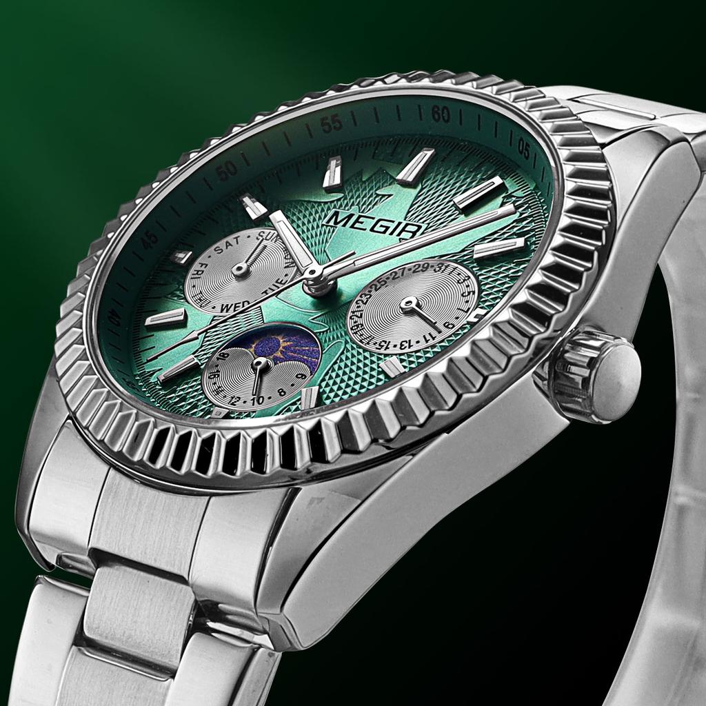 Men's Quartz Watches Stainless Steel Strap Couple Bracelets Wristwatch with Day Date 24-Hour Moon Phase Function Relogio Womens Watch